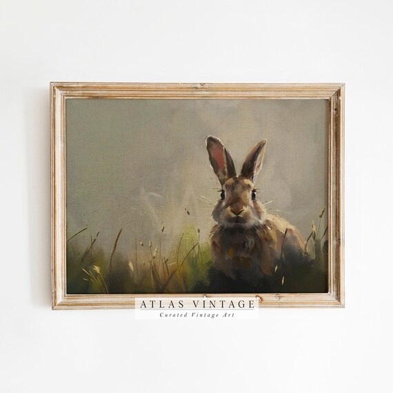 Vintage Spring Rabbit Oil Painting Muted Rustic Bunny Meadow Wildlife Poster