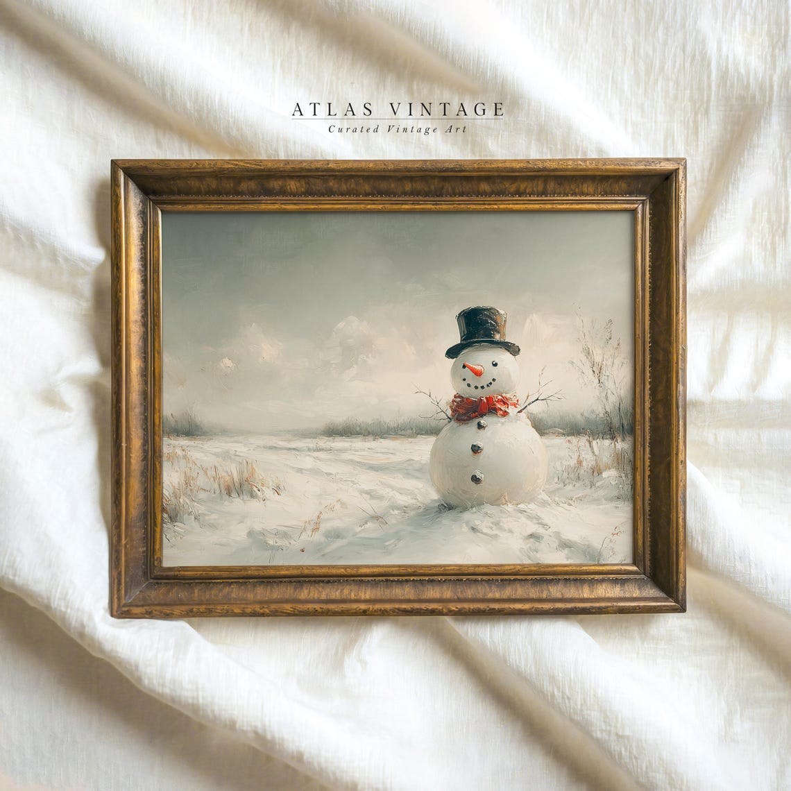 Snowman With Top Hat Red Scarf Vintage Winter Painting Poster - Image 4
