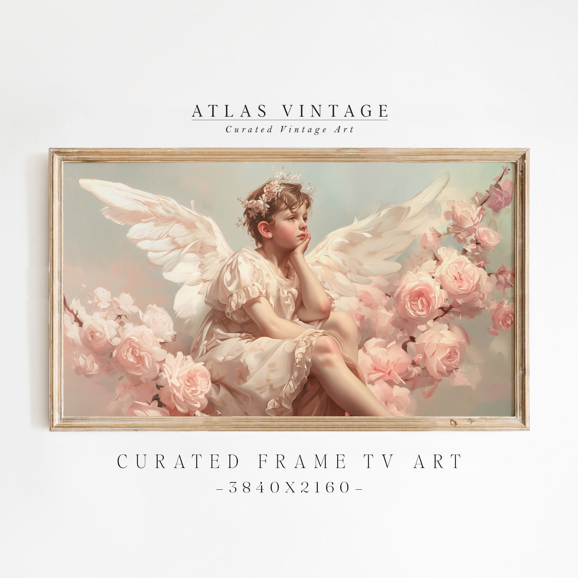 Dreamy Winged Angel Child Among Pink Roses Soft Pastel Cherub Poster
