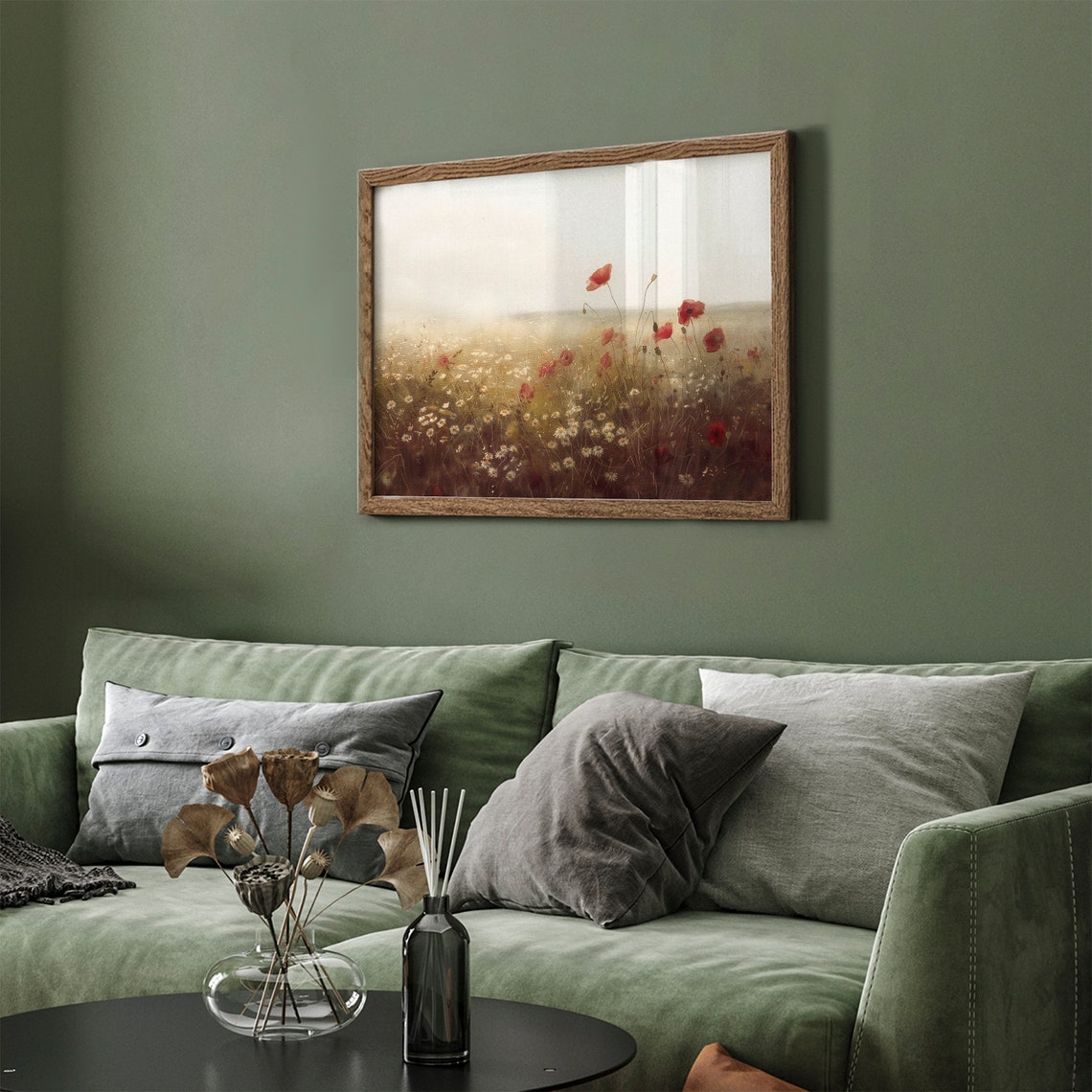 Misty Meadow Red Poppies Poster Dreamy Wildflower Field Painting - Image 6