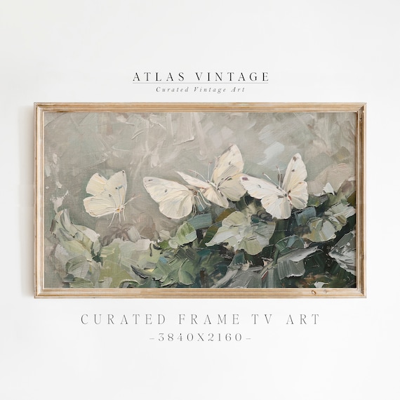 White Butterflies Over Sage Green Foliage Vintage Nature Poster