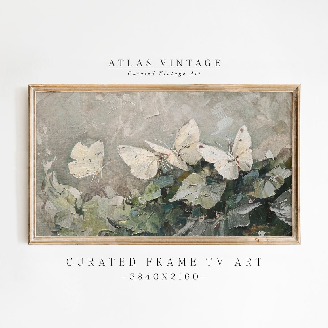 White Butterflies Over Sage Green Foliage Vintage Nature Poster