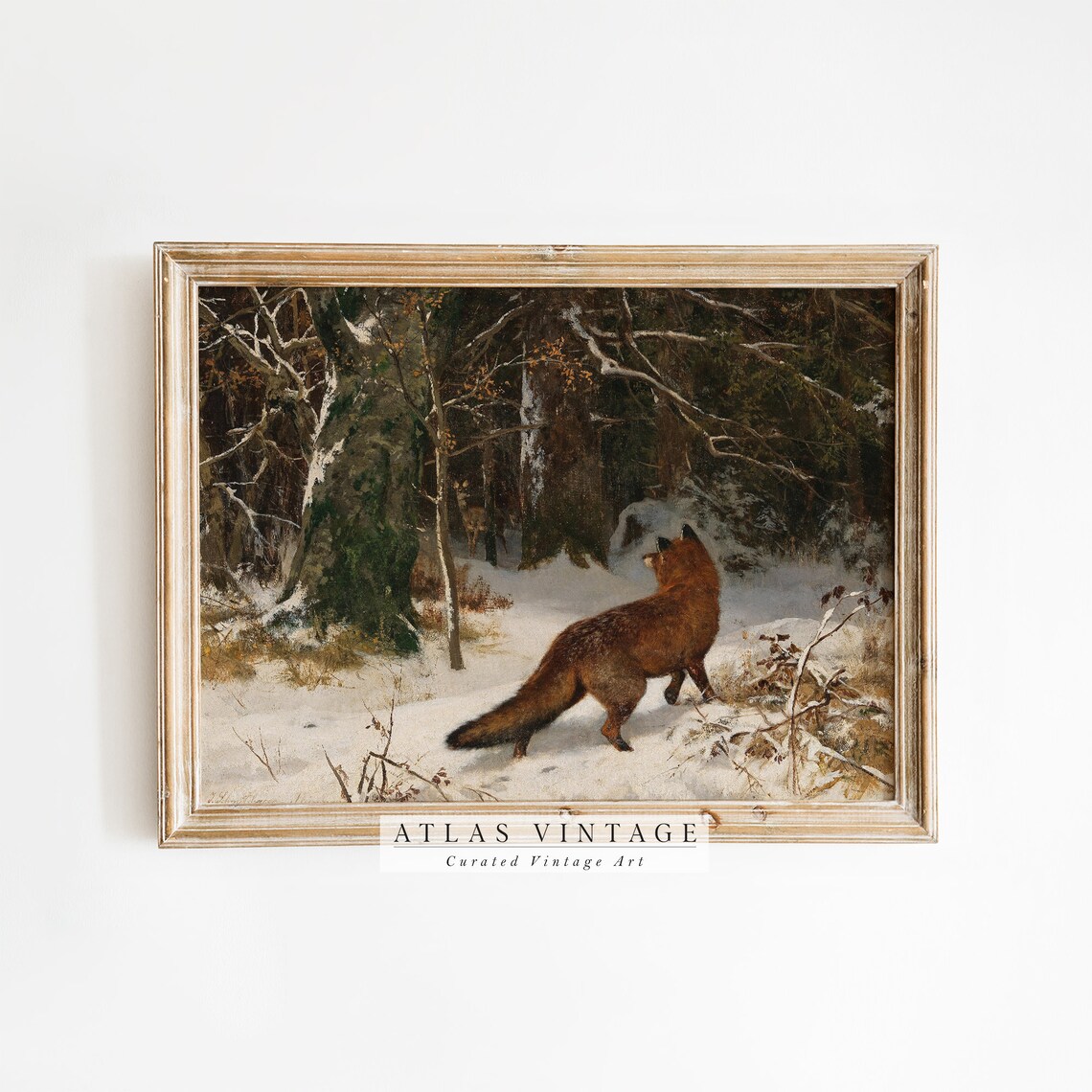 Red Fox in Snowy Winter Forest Vintage Woodland Wildlife Art Poster