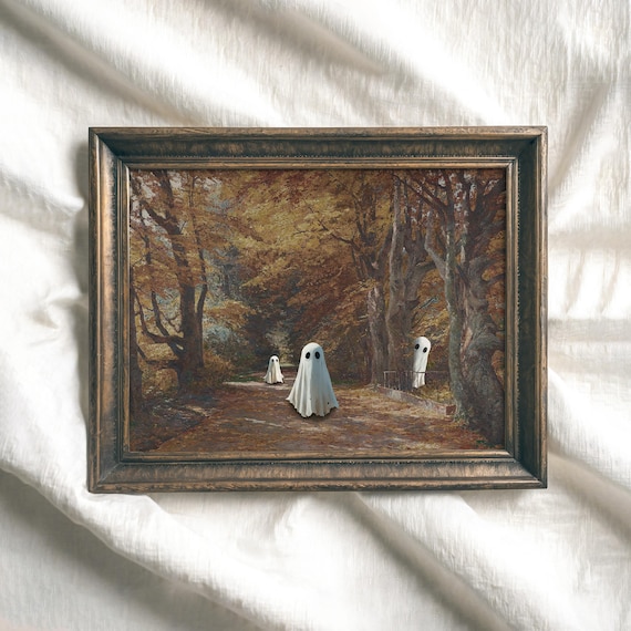 Spooky Ghosts on Autumn Forest Road Vintage Halloween Art Poster
