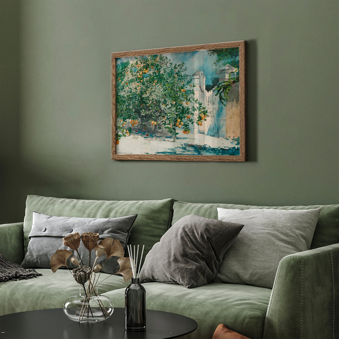 Watercolor Orange Tree Grove Poster White Garden Gate Painting - Image 3