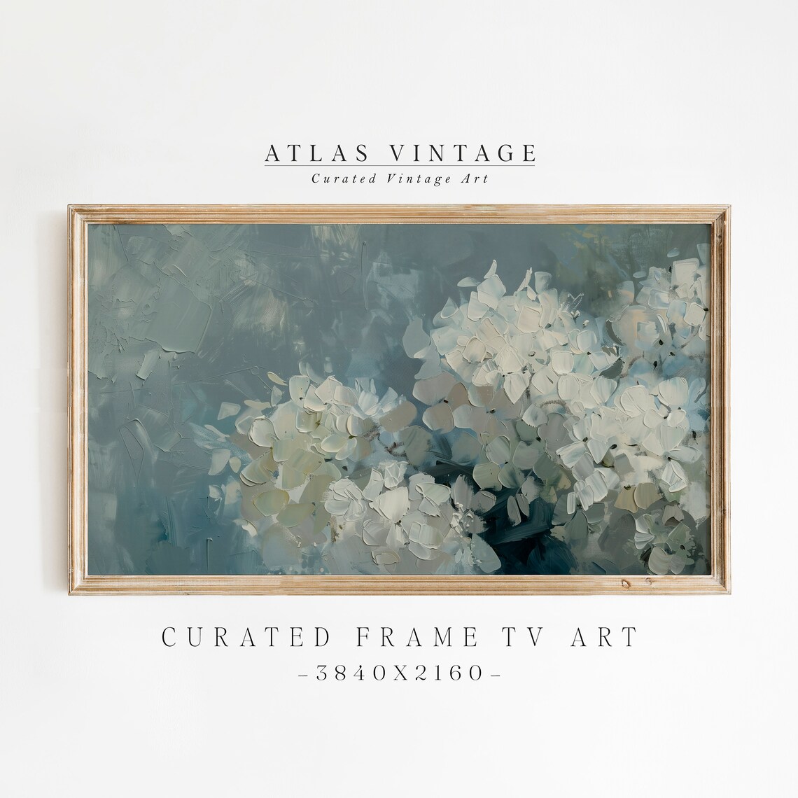Blue Hydrangea Flower Impasto Frame TV Art White Blossom Painting Poster