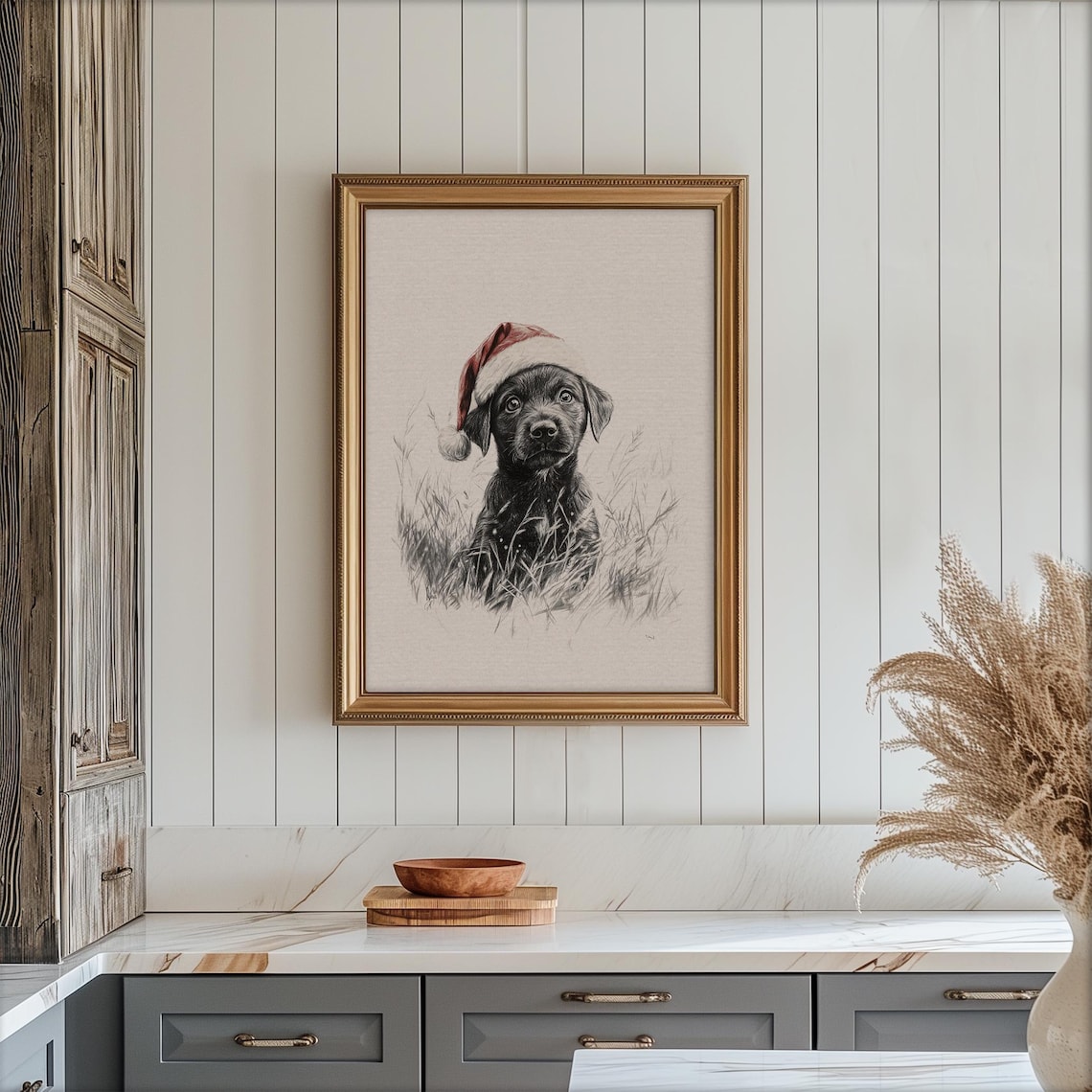Black Puppy in Santa Hat Christmas Sketch Poster Cute Dog Portrait - Image 6