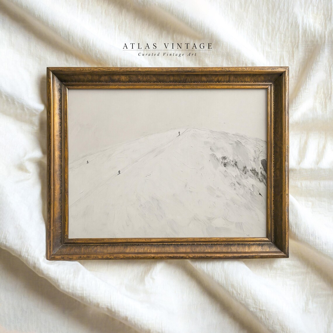 Minimalist Snowy Mountain Skiers White Winter Landscape Painting Wall Art - Image 6