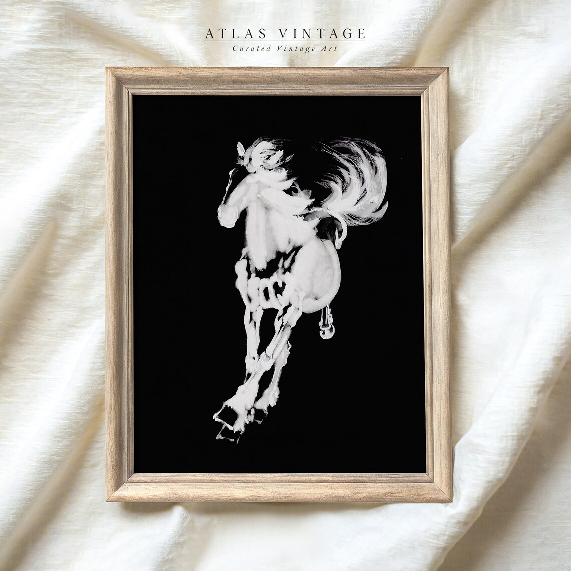 Rearing White Horse Asian Brush Painting Black Background Poster - Image 3