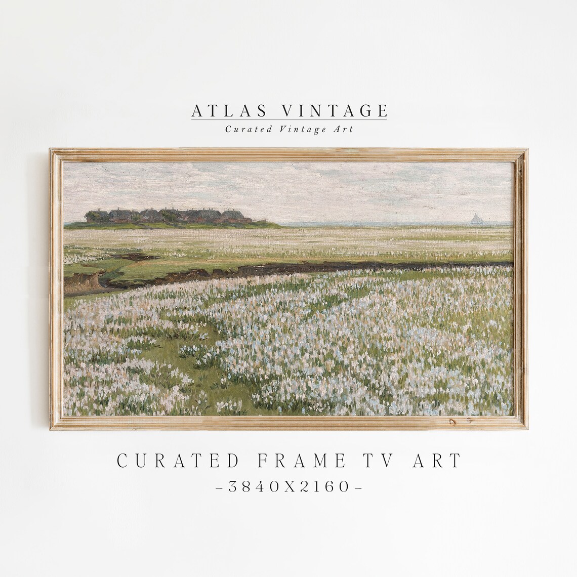 Coastal Wildflower Marsh Cottages Sailboat Vintage Landscape Frame TV Wall Art
