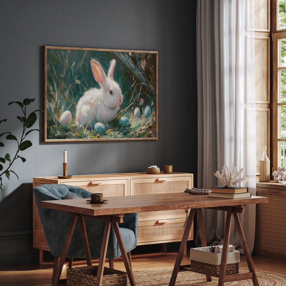 White Easter Bunny with Painted Eggs Spring Meadow Painting Poster - Image 2