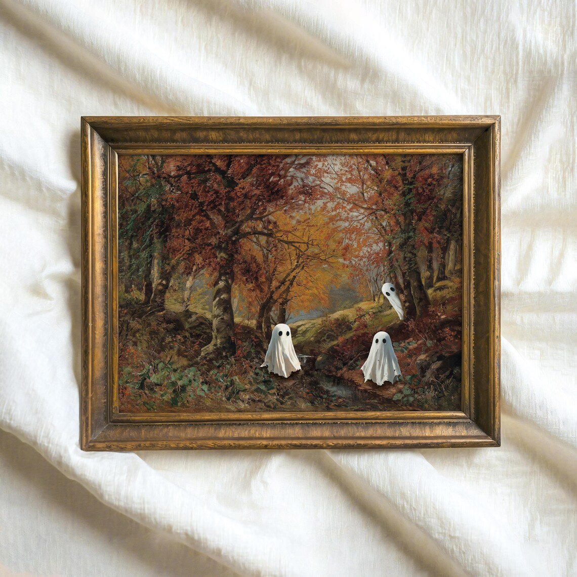 Cute Ghosts in Autumn Forest Vintage Halloween Painting Spooky Cute Poster