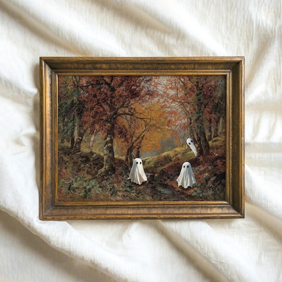 Cute Ghosts in Autumn Forest Vintage Halloween Painting Spooky Cute Poster
