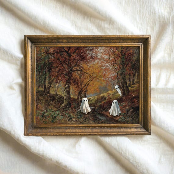 Vintage Halloween Ghosts Print Country Fall Landscape Decor Spooky Autumn Wall Art Cute Ghost Family In Dark Forest Painting