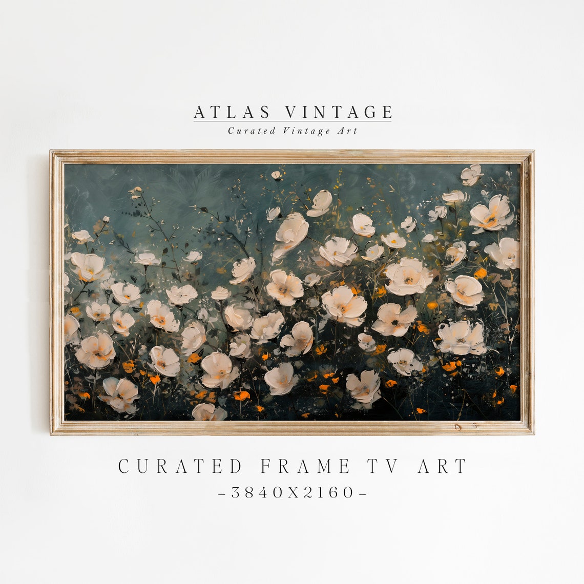 Moody Dark Floral White Anemone Night Garden Frame TV Art Print