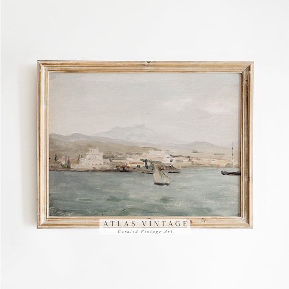 Muted Vintage Seascape Poster Sailboat Coastal Harbor Painting