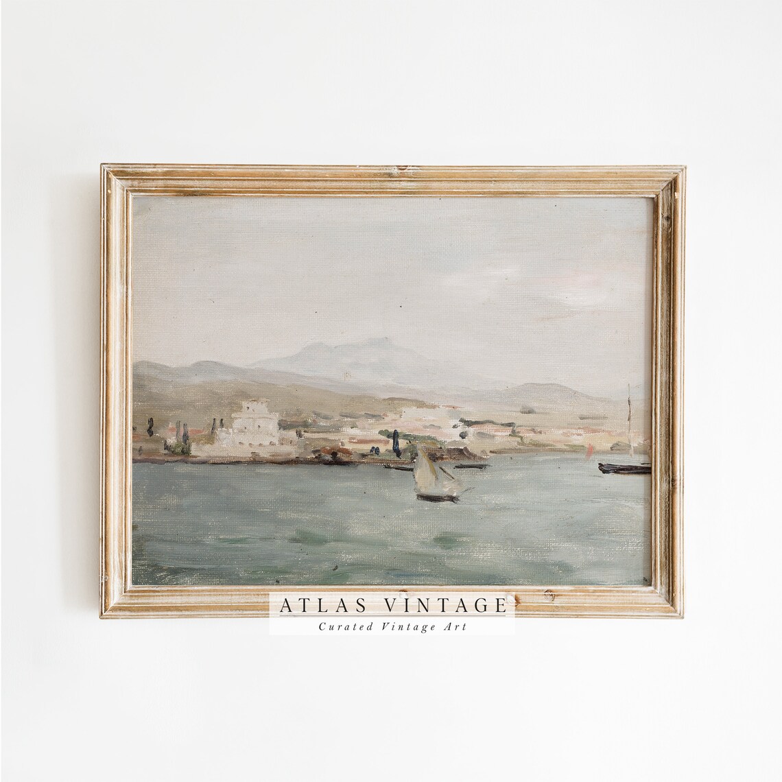 Muted Vintage Seascape Poster Sailboat Coastal Harbor Painting