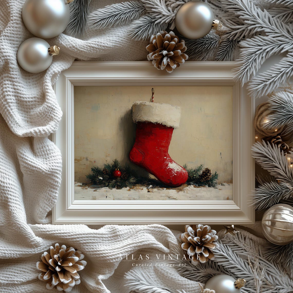 Red Christmas Stocking with Pinecones Vintage Holiday Art Poster - Image 6