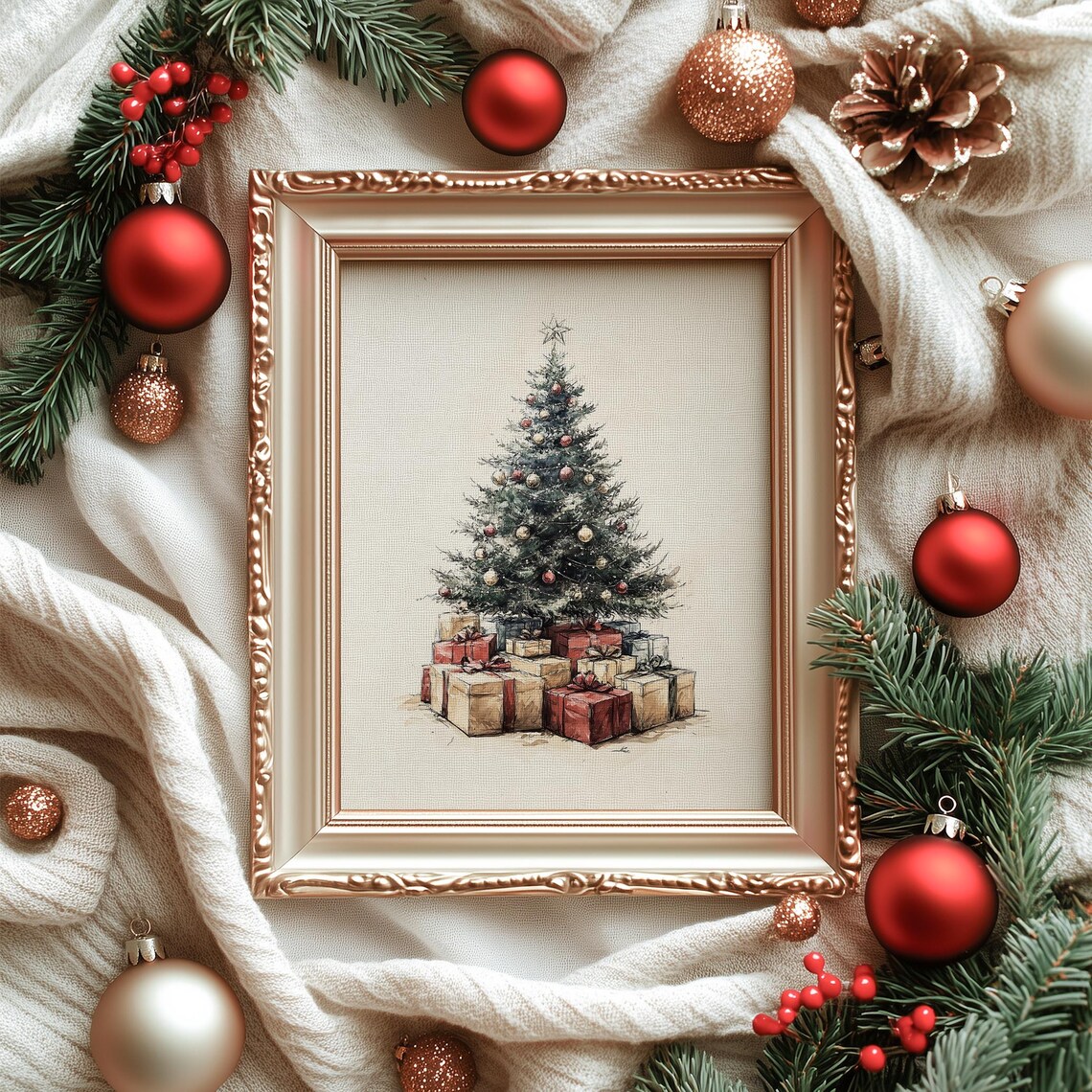 Vintage Christmas Tree With Gifts Sketch Neutral Pine Tree Poster - Image 5