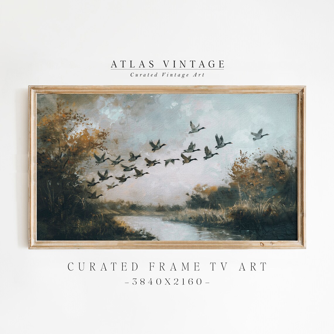 Vintage Geese Flying Over Lake Autumn Birds in Flight Sunset Art Poster