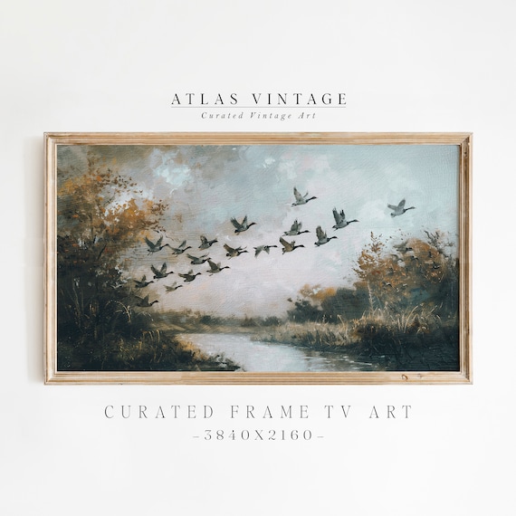 Vintage Geese Flying Over Lake Autumn Birds in Flight Sunset Art Poster