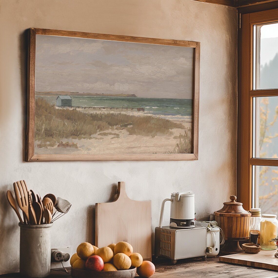 Tiny Vintage Beach House Dune Grass Green Sea Muted Coastal Painting Poster - Image 7