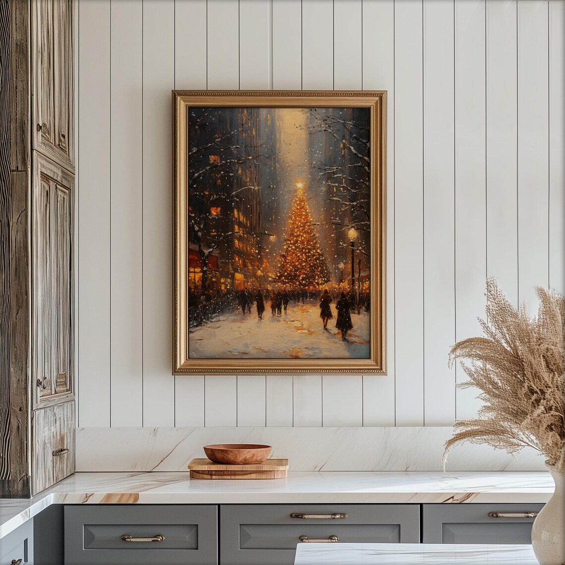 Glowing Christmas Tree City Night Vintage Winter Holiday Street Print - Image 4
