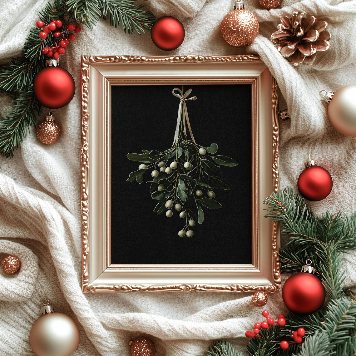 Mistletoe with White Berries on Ribbon Black Background Poster - Image 3