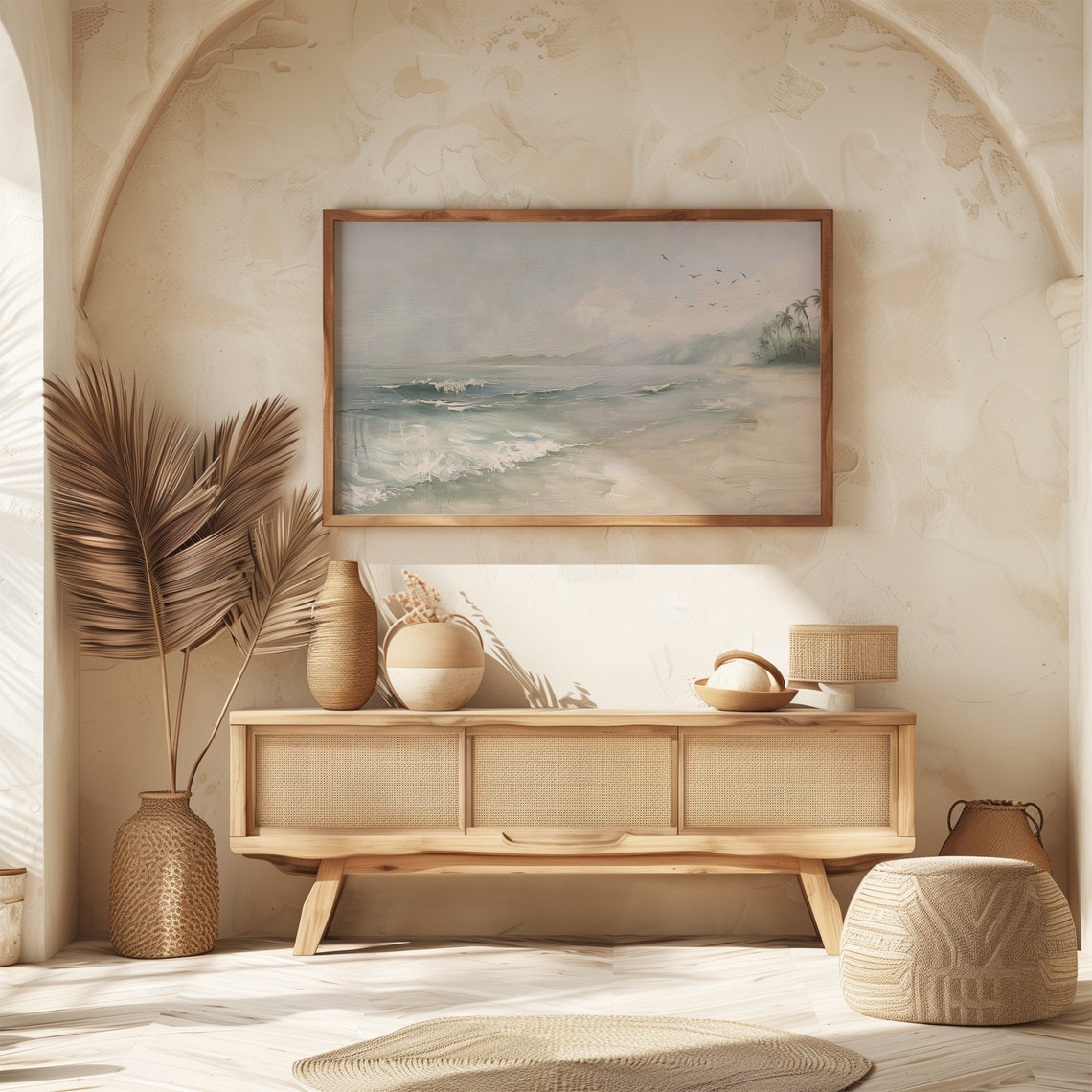 Tropical Beach With Palm Trees Gentle Waves and Distant Peaks Poster - Image 3