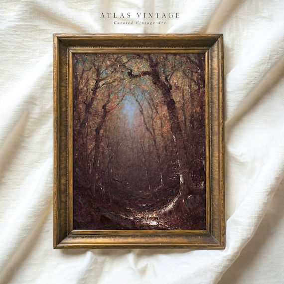 Moody Dark Autumn Forest Oil Painting Print Vintage Fall Landscape Rustic