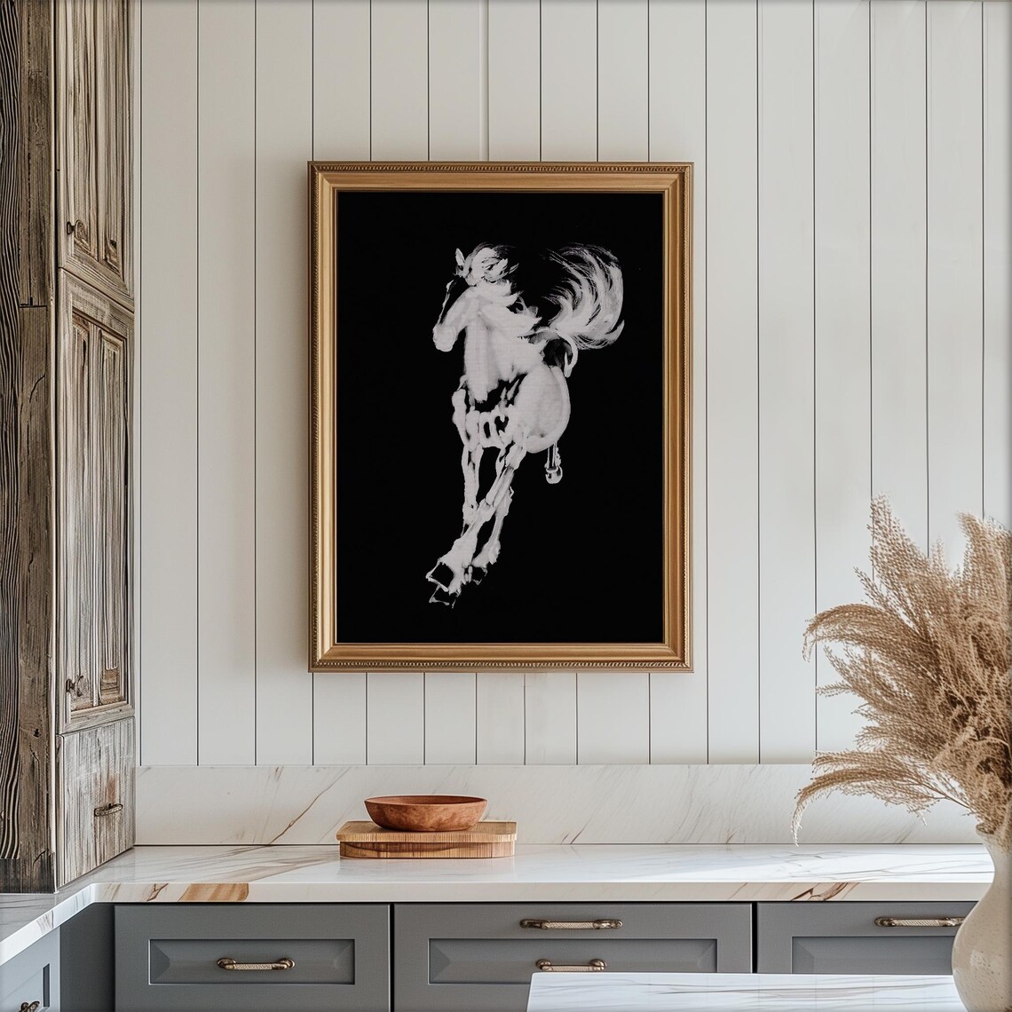 Rearing White Horse Asian Brush Painting Black Background Poster - Image 4
