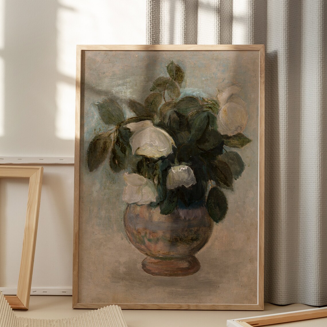 White Roses in Vase Muted Vintage Still Life Floral Painting Poster - Image 5