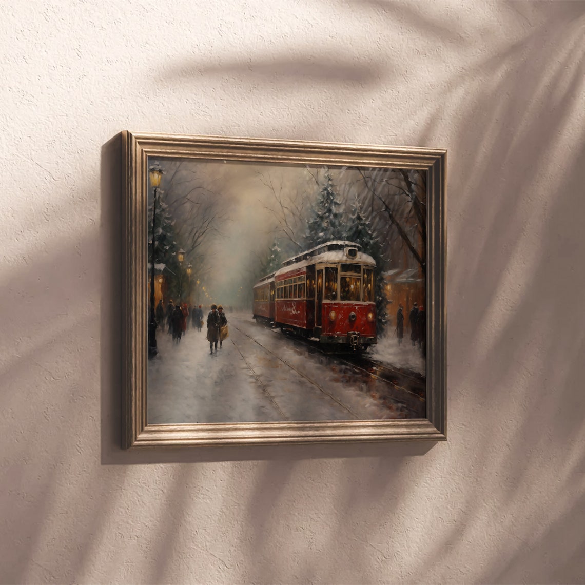 Vintage Red Tram Gliding Through Snowy Winter Street Painting Poster - Image 3