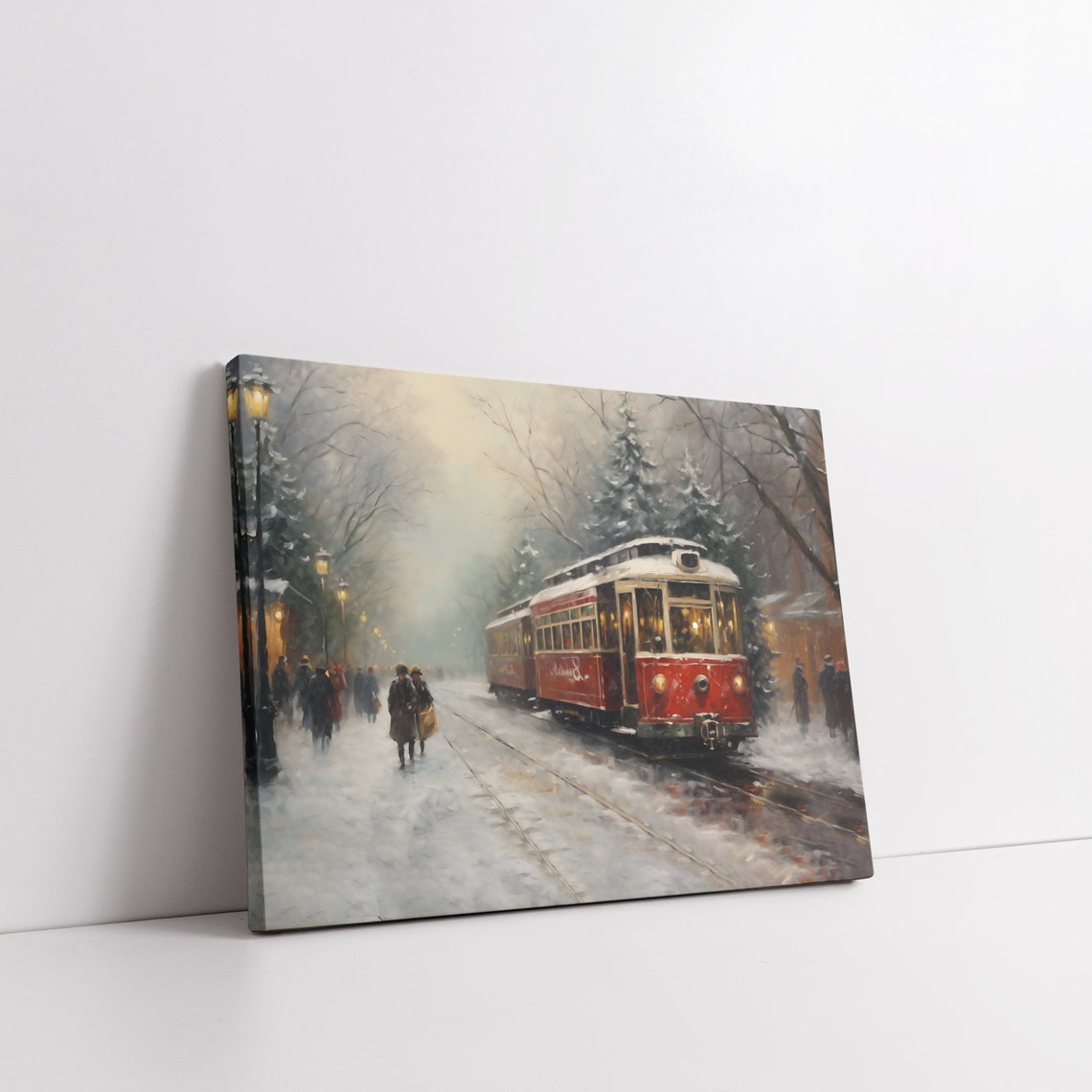 Vintage Red Tram Gliding Through Snowy Winter Street Painting Poster - Image 5