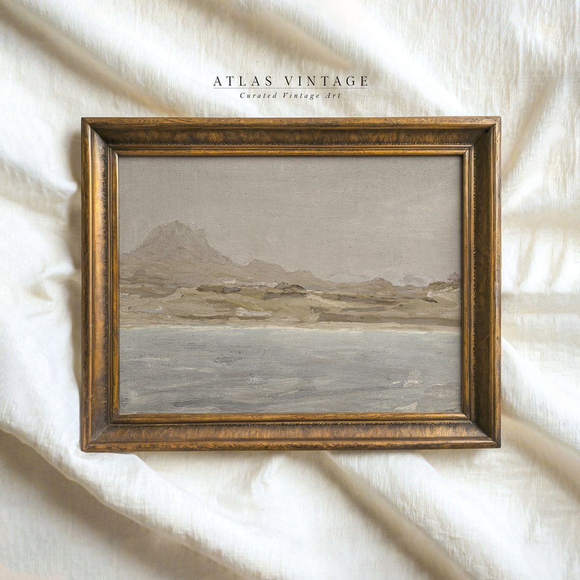 Tonal Muted Seascape With Hills Soft Neutral Coastal Art Poster