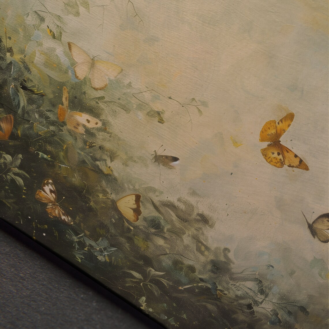 Colorful Butterflies Flying Over Misty Garden Painting Poster - Image 3