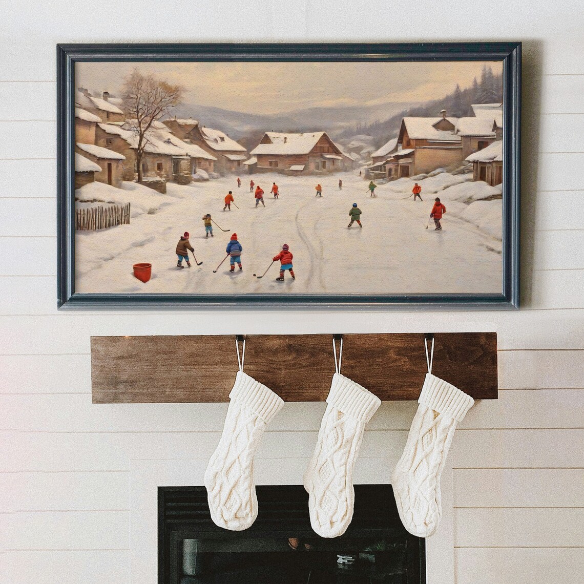 Vintage Christmas Frame Tv Art Winter Village Frame Tv Holiday Screensaver Hockey Players Landscape Painting - Image 3