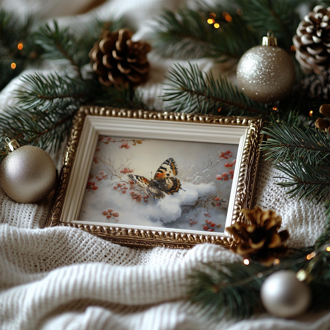 Painted Lady Butterfly on Snowy Red Berry Branches Winter Poster - Image 7