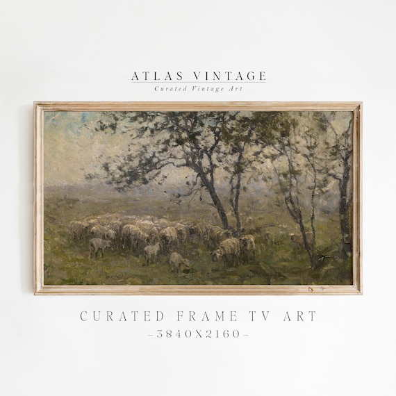 Sheep Flock Grazing Under Trees Misty Pastoral Painting Frame TV Wall Art