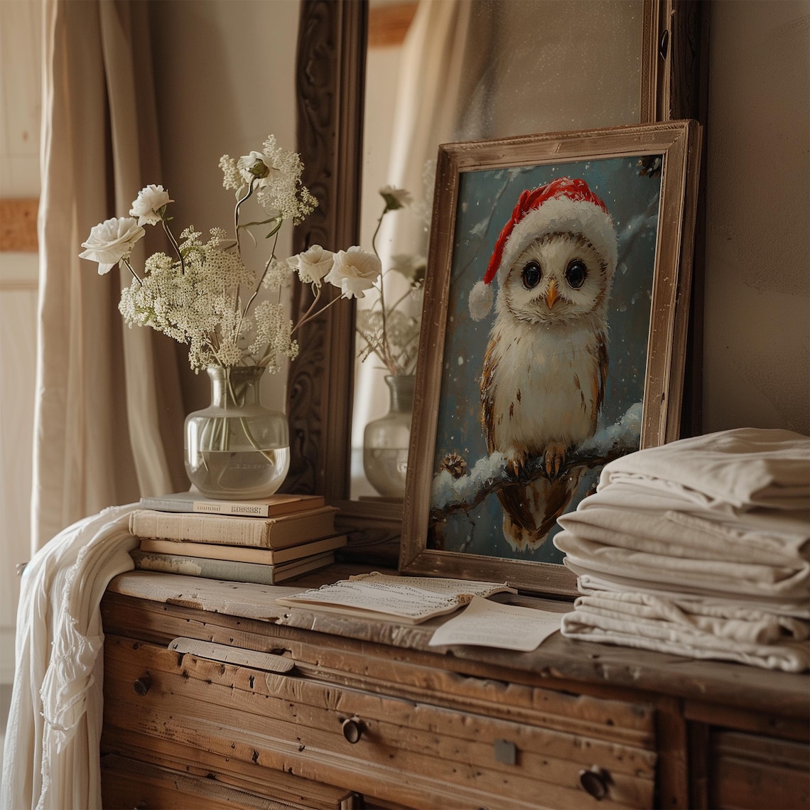 Cute Owl Santa Hat Winter Painting Snowy Christmas Bird Poster - Image 2