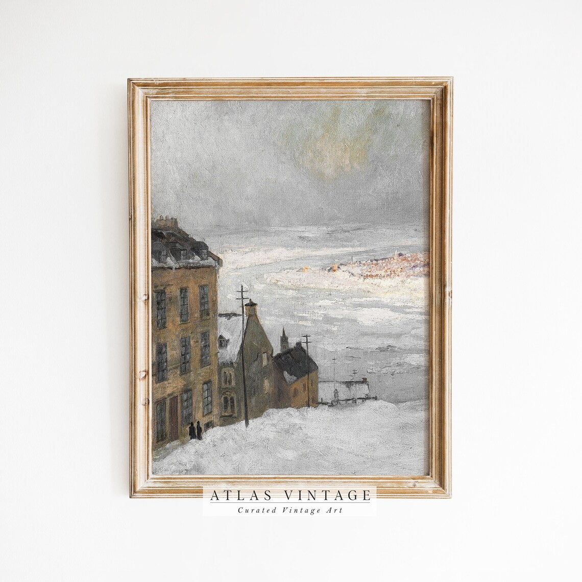 Vintage Winter Print Snowy Muted Cityscape Painting Neutral Christmas Decor French Country Wall Art Farmhouse Decor