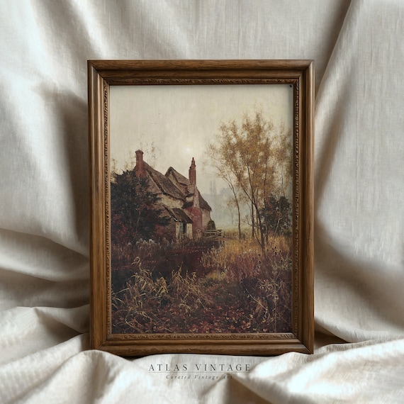 Autumn Cottage Among Fall Reeds Moody Vintage Landscape Poster