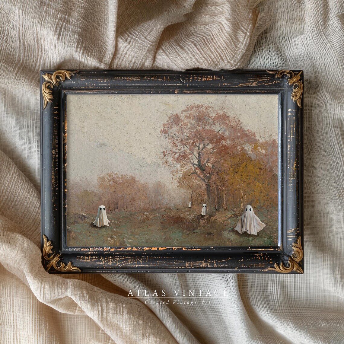 Four Sheet Ghosts Misty Autumn Field Rose Trees Soft Halloween Landscape Poster - Image 2