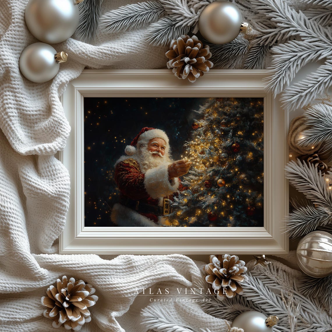 Santa Claus Decorating Christmas Tree Vintage Holiday Oil Art Poster - Image 6