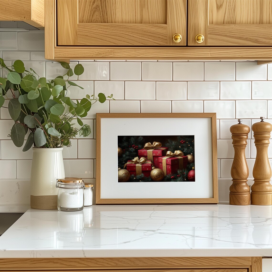 Red Christmas Gifts Gold Bows Vintage Holiday Still Life Poster - Image 2