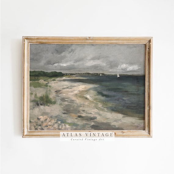 Vintage Beach Seascape with Sailboats under Cloudy Sky Poster