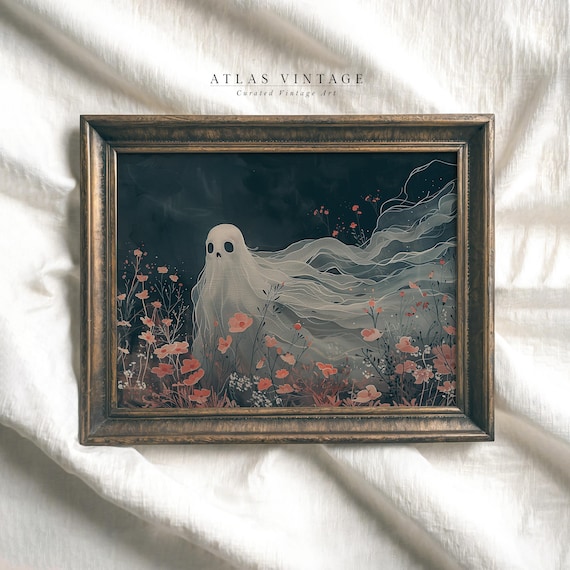 Veiled Ghost Midnight Wildflower Meadow Dark Romantic Halloween Art Poster
