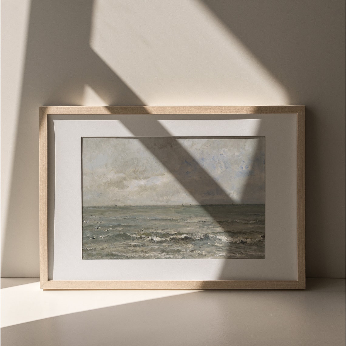 Gray Ocean Seascape With Gulls And Distant Sails Cloudy Sky Poster - Image 5