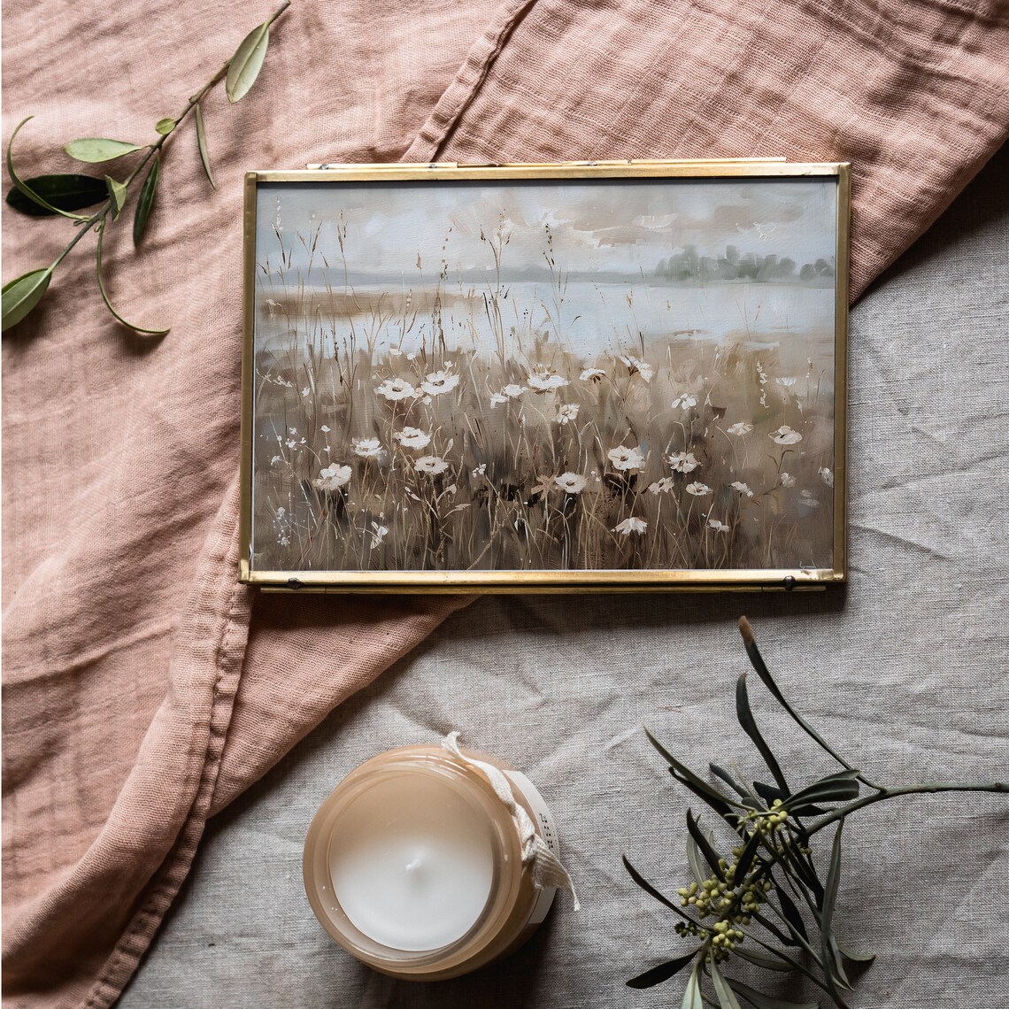 White Wildflowers by the Water Vintage Lakeside Meadow Floral Art Poster - Image 5