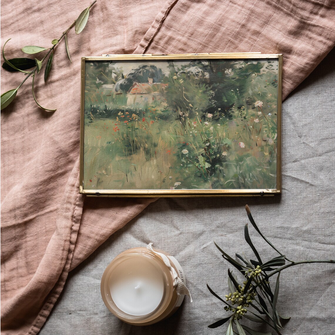 Cottage Garden Wildflower Meadow Red Roof House Impressionist Wall Art - Image 3